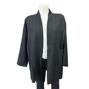 Eileen Fisher Black Open Front Textured‎ Cardigan-Silk Linen Blend sz M Lightwt
